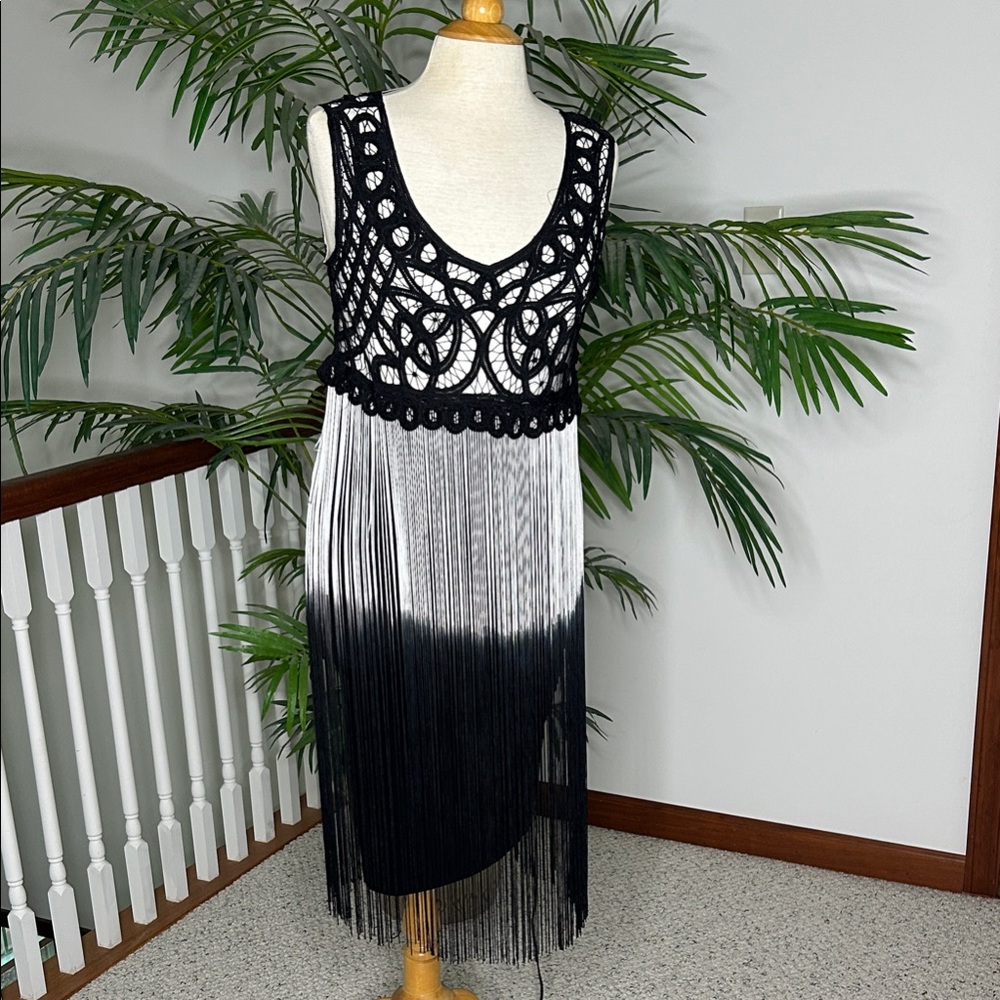 Frank Lyman Design Black and White Fringe Midi Dress